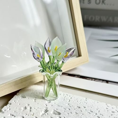 8 Pcs Mini Glass Calla Lily Flower Hand Blown Glass Artificial Flowers with Clear Vase Crystal Tulip Bouquet Collectible Ornament for Women Mom Wedding Home Table Centerpiece (Multicolor) - color: Multi Color