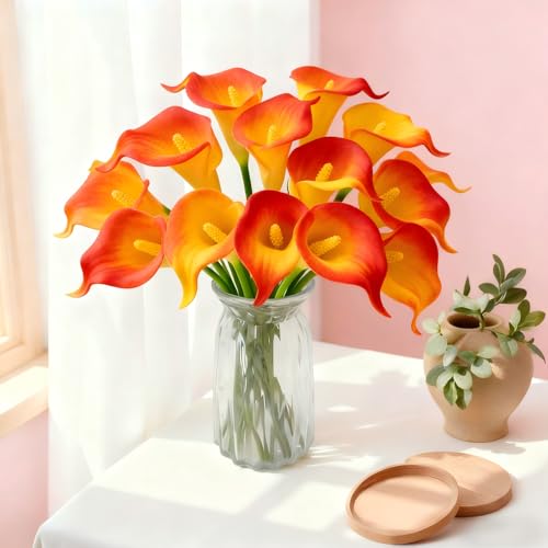 Sunset Calla Lily 4Pcs Artificial Flowers Bouquet for Wedding Bride Shower Blessing Gift Home Decoration Faux Calla Lilies Flower - color: Sunset