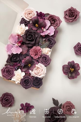Ling's moment Fake Flowers Box, Faux Artificial Greenery Stems Foam Roses Tulip Silk Orchid Eucalyptus Fabic Flower for Centerpieces Bouquet Wedding Vase Decorations, Plum & Plum Lily, Deluxe Combo - color: Prpl-plum & Plum Lily, size: Deluxe