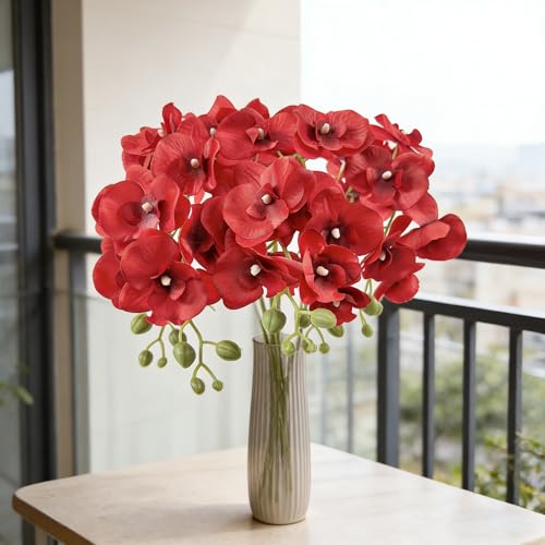 HCTCPALS Artificial Flowers for Outdoors 6 Pcs Orchids Plant Realistic Silk Fake Flowers for UV Resistant Faux Plants Outdoor Indoor Outside Front Porch Hanging Planter Decoration-38" Red - color: Orchid Red