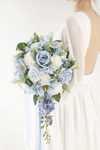 12 Inch Cascade Wedding Bouquets for Bride, Dusty Blue & White Cascading Bridal Bouquet for Wedding Silk Artificial Flowers - color: Dusty Blue & White