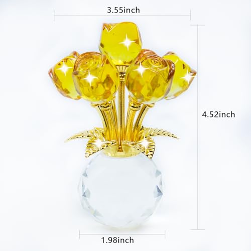 TWINKLING Crystal Roses Figurine with Round Vase, Glass Rose Crystal Flowers Bouquet, Birthday, Anniversary,Wedding, Home Décor,Gold Leaf (Yellow) - color: Yellow(gold Leaf)