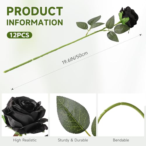 Tifuly Black Roses Artificial Flowers -12 pcs Realistic Single Long Stem Fake Silk Roses Bouquet for Party Home Wedding Centerpiece Office Halloween DIY Decor - color: Black