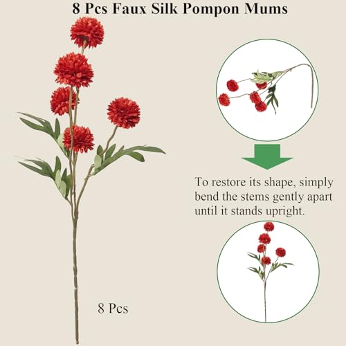 Kinisty 8 Pcs Artificial Flowers Red Faux Silk Pompon Mums, 20" Long Stem Fake Chrysanthemum Bouquet for Vase Farmhouse Home Decor, Wedding Centerpiece - color: Dark Red