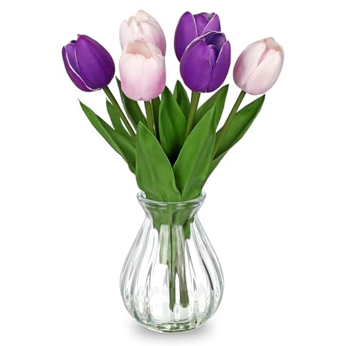 Faux Tulips Flowers Floral Arrangement - 6 Stems Artificial Flowers with Clear Glass Vase with Faux Water 12.5" Purple & Pink Bi-Color Fake Tulips Bouquet Centerpiece for Table Home Office Decor - color: Purple & Pink