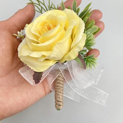Corsage and Boutonniere Set, Handmade Artificial Peony Rose Wrist Corsage Wristlet and Groom Boutonniere for Men Wedding Prom Suit Decorations (Yellow & Green) - color: Yellow & Green
