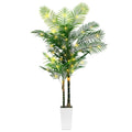 7ft Artificial Golden Cane Palm Tree with LED Fairy Lights & White Tall Planter-Lifelike Faux Tropical Palm with Realistic Trunk and Palm Leaves for Indoor Home Office Living Room Corner Decor