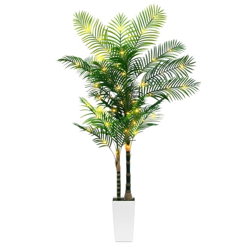 7ft Artificial Golden Cane Palm Tree with LED Fairy Lights & White Tall Planter-Lifelike Faux Tropical Palm with Realistic Trunk and Palm Leaves for Indoor Home Office Living Room Corner Decor