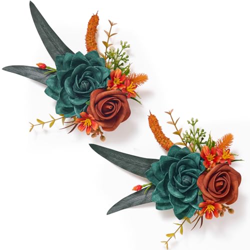 Serwalin 2 Pcs Boutonniere, 6-7 Inch Teal Orange Corsage for Wedding, Boutonniere for Men Groom and Best Man Prom Ceremony Anniversary Party Suit - color: Teal Orange, size: Boutonniere-2pcs