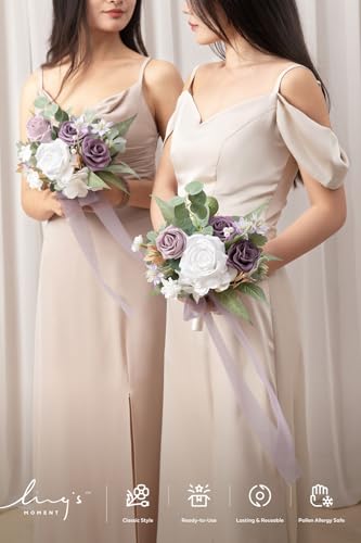Ling's moment Artificial Bridesmaid Bouquets Set of 6 Purple Wedding Flower Bouquets White Rose Floral Bouquet Lilac Bridal Bouquets with Ribbon Ceremony,Anniversary,7-inch Diameter - color: Pr-lilac & Cream