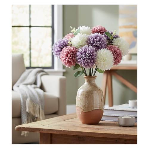 Artificial Silk Chrysanthemums with Eucalyptus, 12" Faux Mums | 12 Stems (Purple, White, Fuchsia) + 3 Eucalyptus, Plastic Stems Bendable, for Home Table Wedding Party Office Decor - size: 15pcs