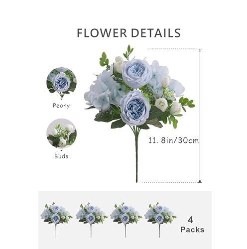 4 Bunches Peonies Artificial Flowers, Silk Peonies Flowers Fake Bouquet Faux Floral Arrangements for Centerpiece Table Wedding Party Home Decor (4, Blue White) - color: Blue White