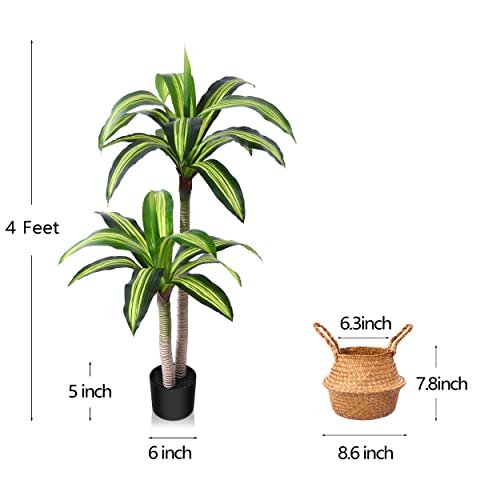Ferrgoal Artificial Plants, 4 Ft Dracaena Tree Faux Plants Indoor Outdoor Decor Fake Tree with Woven Seagrass Basket Plants for Home Decor Office Living Room Porch Patio Housewarming | Tall Fake Plant With Realistic Leaves,Floor Plant for Home Décor Offic