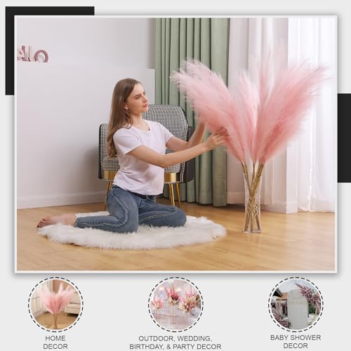 7 Pcs 45" Faux Pampas Grass – Fluffy Artificial Pompous Grass for Tall Floor Vase, Non-Shedding Home Decor, Boho Wedding Flowers, Baby Shower Centerpieces, Bedroom & Living Room Decor (Pink) - color: Pink