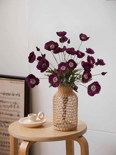 IPOPU Burgundy Silk Flowers 6PCS Fake Poppies Artificial Flowers for Veterans Day Floral Centerpieces, Tables, Wedding Decorations, Reception - color: Plum Burgundy
