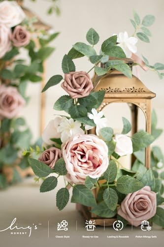 Ling's moment 6Pack 1.8ft Artificial Flowers Garland Dusty Rose Lantern Arch Floral Centerpieces Wedding Aisle Decor Chair Flower for Mantel Signs Table Window Cake Decoration（not Including Lanterns） - color: Pk-dusty Rose & Cream