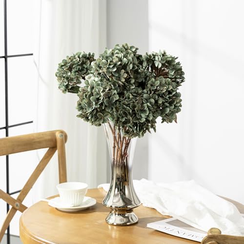 Hydrangea Artificial Flowers,Green Artificial Flower Fake Silk Hydrangea, Heads Bouquet with Stems Bulk for Fall Decoration Table Center Indoor Outdoor Faux Floral Plants 8pcs (Green) - color: Green