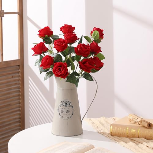 Hawesome 12PCS Artificial Flowers Fake Roses, Realistic Velvet Long Stem Red Roses Bouquet for Wedding Centerpiece Home Decor Party & Valentines (Red) - color: Red