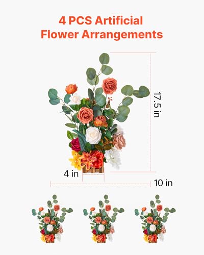 VEVOR Standing Artificial Flowers Arrangements 4 PCS, 17.5-Inch Tall Faux Flower Decorations for Wedding Aisle Runner Chair, Orange Floral Centerpieces for Ceremony Reception Party Outdoor Decor - color: Orange, size: 17.5Inch