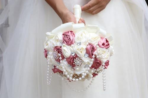 Dusty Pink Rose and Ivory Wedding Bouquet with Rhinestone Brooch Pearl String Satin Flower Cascade Bridal Bouquet for Bride Bridesmaid Quinceanera Wedding 6.3in - color: Dusty Pink & Ivory, size: Small (DIA. 6.3"/16cm)