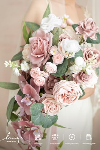 Ling's moment Dusty Rose Bridal Bouquet Cascading, Pink Wedding Bouquets for Bride, 15 Inch Bride Bouquet Orchids Artificial Wedding Flower Bouquet - color: Pk-exquisite Dusty Rose & Cream, size: Medium 15 Inch