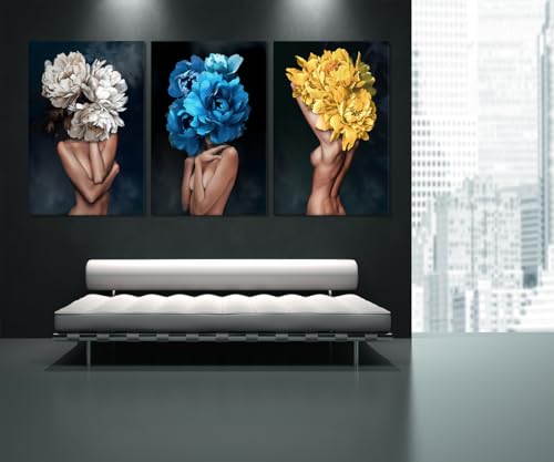 Sexy Women Pictures Wall Decor 3 Panels Nude Girls Painting Girls with Flowers Head Canvas Prints Artwork Living Room Bathroom Decor Wooden Framed Ready to Hang - 24"W x 36"H x 3pcs - color: Art01, size: 24x36x3pcs