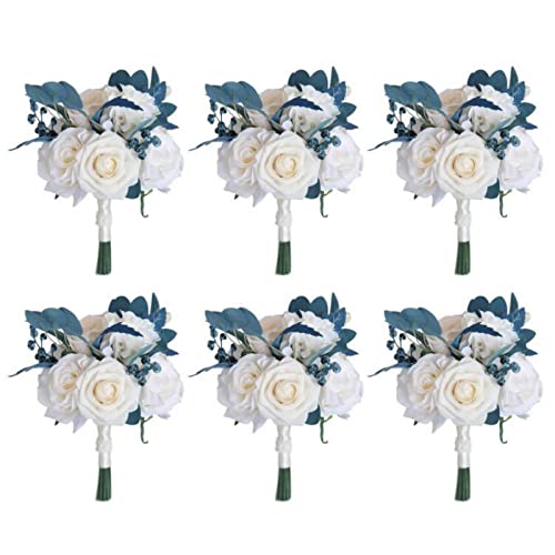 MOJUN Dusty Blue Wedding Bouquets for Bridesmaid, Set of 6, Artificial Rose Bridal Bridesmaid Bouquets for Wedding Ceremony Anniversary Bridal Shower Party Home Decorations, 6 Pack - color: Dusty Blue Bouquet B 6pack