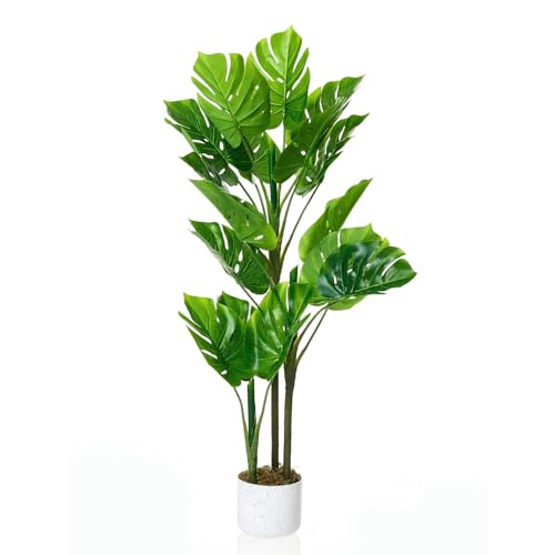 3.6FT Artificial Monstera Deliciosa Plant in White Tall Planter, 43"H Fake Decorative Evergreen Potted Swiss Cheese Floor Tree, Indoor Faux Tropical Plants for Living Room Porch Entryway Office Decor
