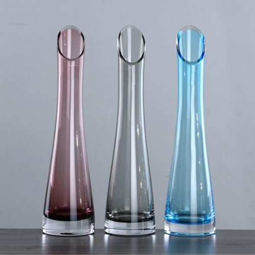 Hand-Made Blown Art Bud Glass Vase Transparet Gray Small Glass Vase Glass Flower Vase Heavy Base Single Stem Flower Drop Vase for Home Wedding Decor (Oblique Mouth-23cm)