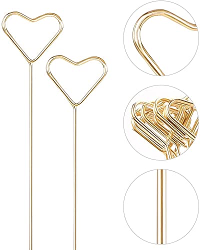 H&W 12''L Golden Heart Loop Round Shape Card Holders 40PCS Floral Picks Clips for Wedding & Flower Arrangements, DIY Craft Wire Clip Table Card Holders Note Photo Picture Memo Holder Cake Topper - color: Heart