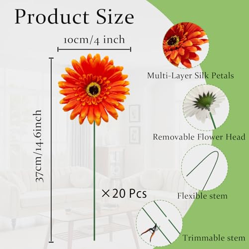 20 Pcs Fake Silk Gerbera Daisy Artificial Flowers with Stems Faux Daisies Flower Bulk for DIY Art Crafts Home Wedding Party Vase Centerpieces Tables Garland Wreath Decoration (Orange) - color: Orange