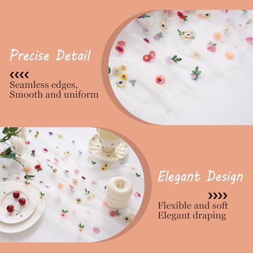 Lvory Embroidery Daisy Table Runner 10ft 120 Inch Fall Florals Gauze Tulle Cheesecloth Holiday Kitchen Dining Table Decoration for Home Wedding Party Baby Shower Birthday Decorations - color: Ivory, size: 10ft x 1Pack