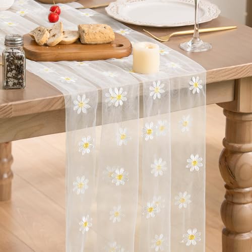 Artoid Mode Milky White Daisy Gauze Embroidery Table Runner 120 Inch 10FT, Tulle Seasonal Spring Kitchen Dining Holiday Table Decor for Home Party - color: Milky White