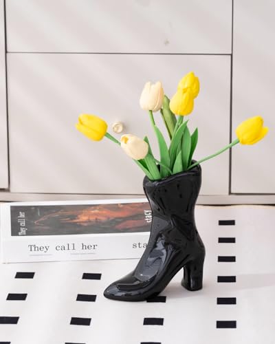 Ceramic Boot Vase for Modern Home Decor,7.9" High Heel Bootie Flower Vase,Quirky Funky Aesthetic Room Decor,Trendy Coffee Table Centerpiece for Women(Black) - color: Black