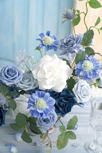 Ling's moment Fake Flowers Box, Artificial Faux Greenery Stems Silk Leaves Foam Rose for Wedding Bouquets Centerpieces Table Decorations Backyard Floral Arrangement, Dusty Blue & Ivory, Deluxe Combo - color: Blu-dusty Blue & Ivory & Sage, size: Deluxe