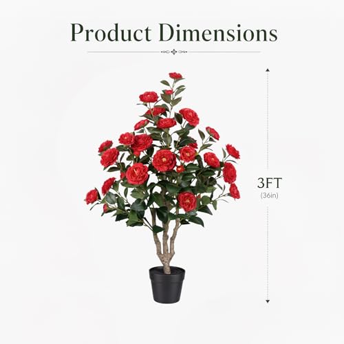 3ft Artificial Camellia Tree 2 Pack, 36" Faux Potted Camellia Plant with Vibrant Red Silk Flowers, UV Resistant Fake Flowering Tree for Front Porch Indoor Outdoor Home Office Floor Decor - color: Camellia Tree Red