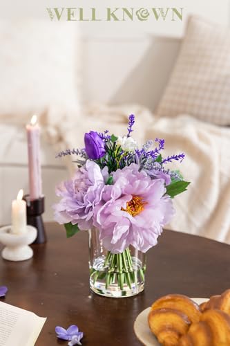 WELL KNOWN Artificial Flowers in Glass Vase with Fake Water, Silk Peony Fake Tulip Lavender Bouquet for Home Dining Table Office Hotel Wedding Party Lavatory Decor & Gift (Lavender Purple) - color: Lavender Purple