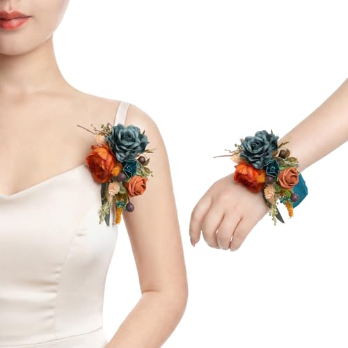 Ling's moment 2pcs Homecoming Wedding Wrist/Shoulder Corsage Artificial Flower, Girl/Mother Prom Corsage Wristlet Décor, etc. Dark Teal Orange - color: Or-dark Teal & Orange