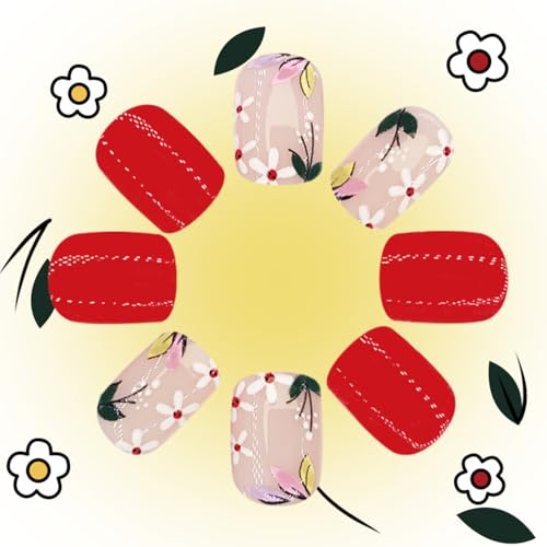 Flower Press on Nails Short Square Fake Nails Red Nude False Nails with Embossed Designs 3D Flowers Glossy Full Cover Stick on Nails Glue on Nails Spring Acrylic Nails for Women Girls 24 Pcs - color: Flower Square4