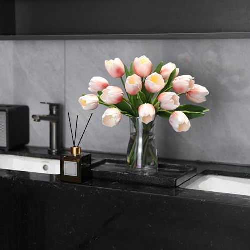 Light Pink Artificial Tulips, 2 Bundles 14Pcs, Fake Tulips Artificial Flowers, 2 x 2.4 Inch Large Flower Head Big Tulip, Easter Valentine's Day Mother's Day Home Decoration Flowers - color: Light Pink