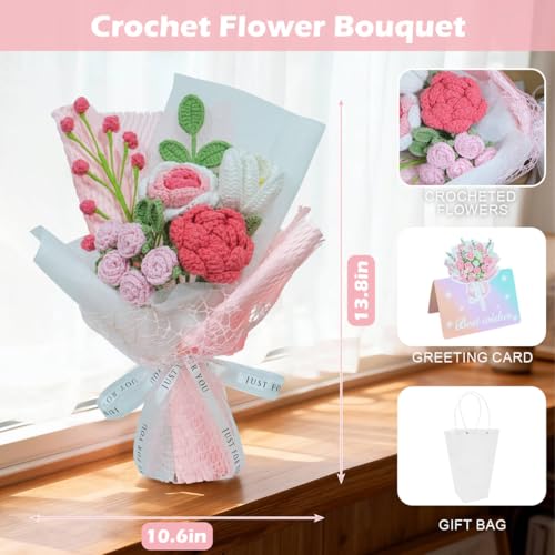 Crochet Flowers Bouquet,Handmade Knitted Rose,Artificial Flower Bouquet for Her, Wife,Lover ,Girlfriend ,Mother, Anniversary,Graduation,Friends,Birthday, Valentines Day Gifts,(with Gift Bag&Card) - color: Rose&pink, size: Large