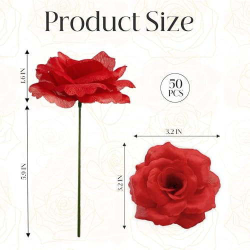 Rose Artificial Flowers, 50Pcs Red Roses Head Flowers Bulk with Stem, 3 Inches Silk Rose Fake Flower Head for Wedding Party Home Decor DIY Baby Shower Centerpieces Tables Decoration(Red) - color: Red