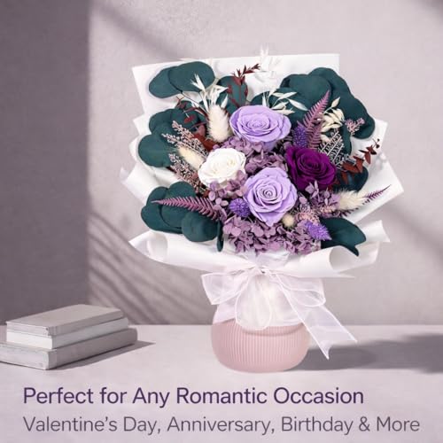 Bonsion Preserved Flowers for Delivery, Purple Rose Bouquet Gift for Women and Mom, Long Lasting Floral Arrangement for Birthday & Anniversary - color: Purple