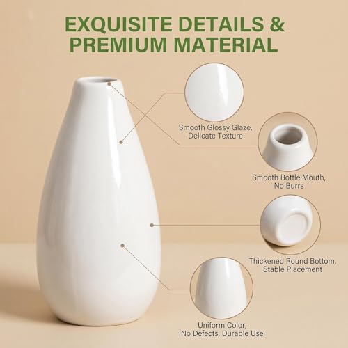 10.5cm/4.1 inch Tall Ceramic Bud Vase Mini Single Stem Small Flower Vase Small Mouth Floral Vases Decorative Shelf Centerpieces Floral Holder for Home Office Decor (White) - color: White