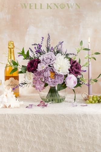 WELL KNOWN Artificial Flowers in Vase, Fake Lavender & Silk Peony Flower Bouquet Centerpieces in Glass Vase with Fake Water for Home Wedding Party Dining Table Decor & Mom's Gift (Purple Mixed Plus) - color: Lavender Purple Mixed Plus