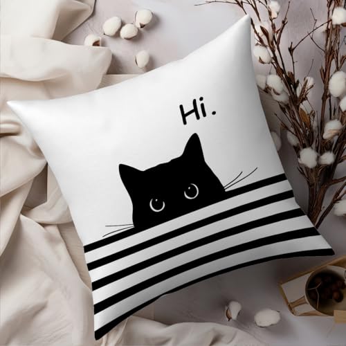 Fokongna Hi Cute Black Cat PatternPillow Covers for Couch Home Bedroom Living Room 18 x 18 Inch Pillow Covers - color: Hi Cat