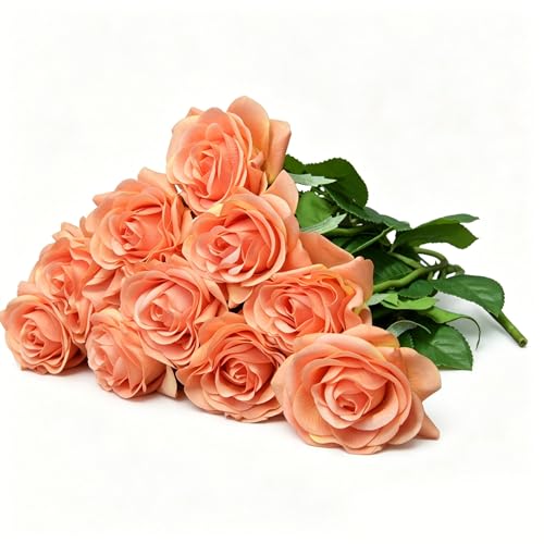 10 Pcs Real Touch Artificial Roses Fake Rose Long Stem Silk Faux Flowers Bridal Bouquet for Wedding Home Decor Romantic Valentine Gifts (Orange) - color: Orange