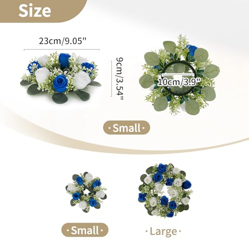 NUPTIO Small Wreath for Table Centerpieces: 9.05 Inch Royal Blue & White Flower Candle Rings for Wedding Party Christmas - Rose Wreaths for Spring Summer Front Door Porch Decor 2 Pcs - color: Royal Blue & White, size: Dia 9.05"-2pcs