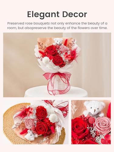 Polylove Forever Flower Bouquet Flowers for Delivery Prime Preserved Roses with Bear Gift Box for Wife Women Mother Day Anniversary Birthday (Red) - color: Red