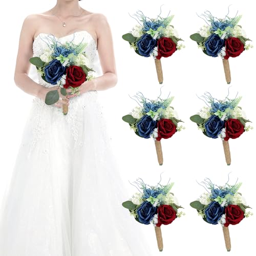 Set of 6 Bridesmaid Bouquets for Wedding - 7 Inch Artificial Flowers Bouquets for Ceremony Anniversary Centerpieces Decorations - Burgundy & Navy Blue & White - color: Burgundy & Navy Blue, size: Set of 6 Bridesmaid Bouquets